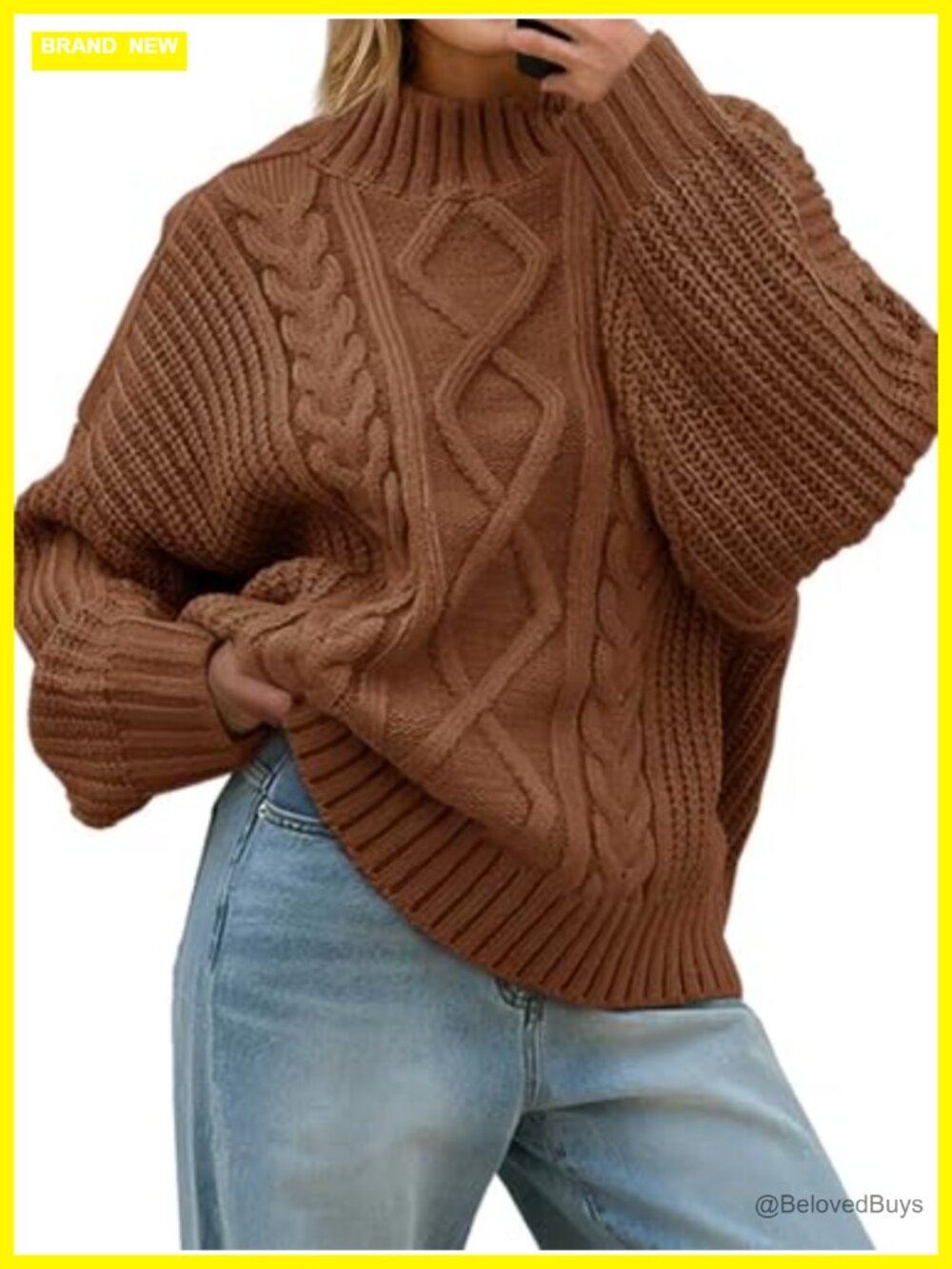 Oversized Cable Knit Sweater Mock Neck Button Pullover Chunky Turtleneck